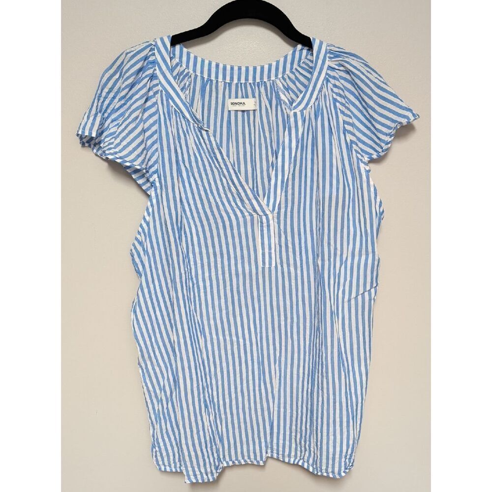 Sonoma Light Blue and White Striped V-Neck Short Sleeve Top
